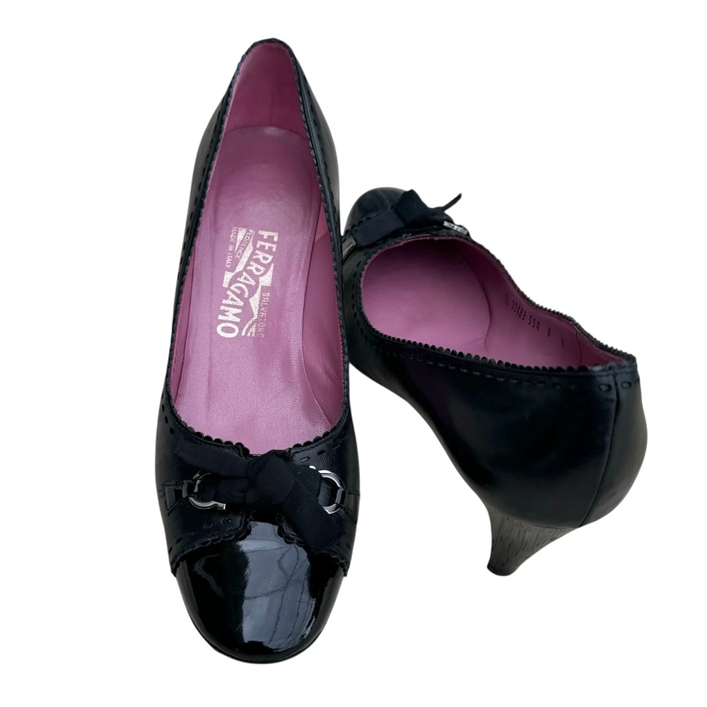 Salvatore Ferragamo Patent Gancini Heels Bow Detail Black - Picture 5 of 14